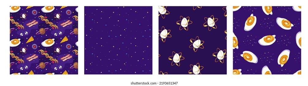 Collection of patterns. Food in space: fried eggs, bacon, spaghetti, meatballs and others. Vector illustration