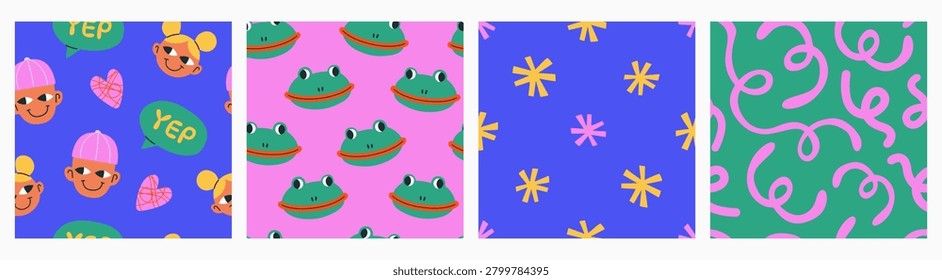 Collection of patterns in a funky style. Doodle seamless tiles with fun characters. Frogs, girls, boys, stars, wavy and twisted lines. Retro groovy backgrounds. Swatches included. Vector illustrations