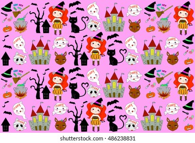 Collection of patterns Happy Halloween set. Vector Illustration.
Endless texture for wallpaper, web page background, wrapping paper patterns. 