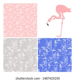 Collection of patterns with the image of fish and pink flamingos, cartoon style in vector