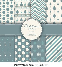 Collection of patterns. Merry Christmas and Happy New Year! Set of seamless backgrounds with traditional symbols:  snowflakes, pine tree, deer and suitable abstract patterns. 