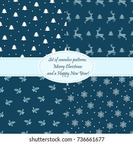 Collection of patterns. Merry Christmas and Happy New Year! Set of seamless backgrounds with traditional symbols: snowflakes, pine tree, deer