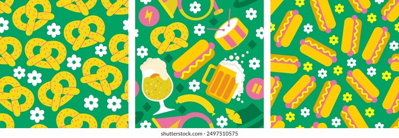 A collection of patterns for Oktoberfest. Large beer mugs, pretzels, hotdogs, lots of beer, music and a festive atmosphere. Perfect for wrapping, packaging, advertising, posters, print, social media