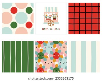 Collection of patterns and print in bright colors. Flower shop illustration. Cartoon flowers, abstract patterns with stripes, multicolored circles and a cage.