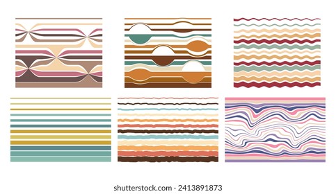 Collection of patterns in the style of the 70s 80s. Horizontal groovy striped vintage background. Psychedelic abstract hippie background. Vector illustration.