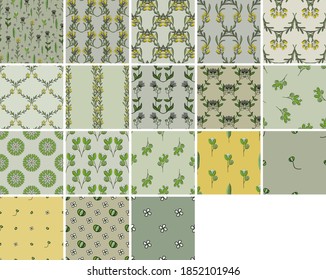 Collection of patterns of summer different field herbs and white and yellow flowers on green background