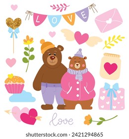 Collection of patterns for Valentine's Day. Couple of loving bears in clothes. Love, romance, heart on a white background.