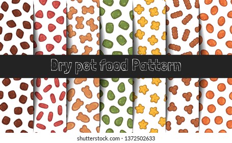 Collection of patterns. Vector illustrations on the nutrition theme dry food for cats and dogs.