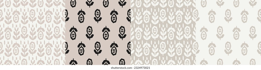 Collection of patterns in vintage classic style with botanical hand drawn print. Suitable for women's clothing.