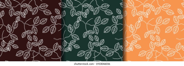 Collection of patterns. White rose leaves on colourful backgrounds. For textile, wrapping paper, packaging. Vector pattern.