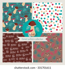 Collection of patterns wit mushrooms, leaves and moss plus spot graphics with mushrooms and leaves. Vector illustration for your design. 
