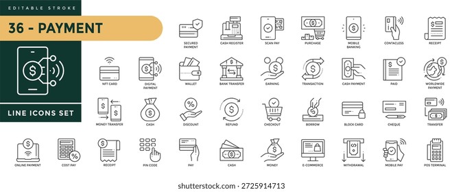 Una colección de iconos de pago configurados con un trazo editable, que incluye pago seguro, registro de efectivo, escaneo de pago, compra, ganancias, transacción, transferencia, pago móvil. Ilustración vectorial lineal delgada