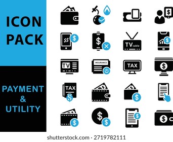 Colección de pago e iconos de servicios públicos, incluyendo billetera, factura, TV, y símbolos de impuestos, en negro y azul sobre fondo blanco.