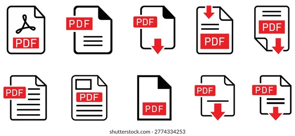 Collection of PDF file download icon. Format and extension of documents. Document format, E-book, download and more. Logo sign of pdf form to print the attachment. Vector illustration.