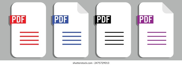 collection of pdf icons | pdf icon sheet | black, white and red pdf and paper symbols with different corners. Vector Illustration.	