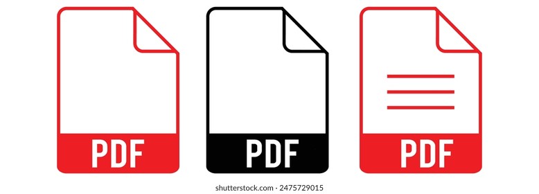 colección de iconos pdf | hoja de iconos pdf | pdf en negro, blanco y rojo y símbolos de papel con diferentes esquinas. Ilustración vectorial.	