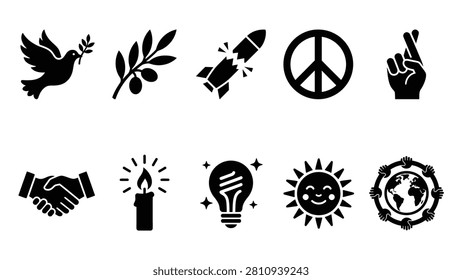 Collection of peace and anti-war related vector icons. Includes symbols like a dove with an olive branch, a broken missile, a peace sign, a handshake, a lit candle, a bright lightbulb, a smiling sun, and hands holding up the globe. Concepts of hope, unity, and global harmony.