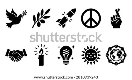 Collection of peace and anti-war related vector icons. Includes symbols like a dove with an olive branch, a broken missile, a peace sign, a handshake, a lit candle, a bright lightbulb, a smiling sun, and hands holding up the globe. Concepts of hope, unity, and global harmony.