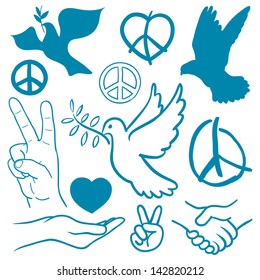 Collection of peace and love themed icons with white doves flying carrying olive branches, v-sign hand gesture, handshake of friendship, hearts, a cupped nurturing hand and v-sign antiwar icon