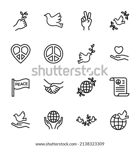 Collection of peace outline icons include icons such as branch, dove, peace, treaty, pigeon . sign of peace , peace day icons. vector, illustration