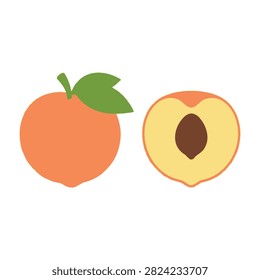 Collection of peach icons featuring a whole fruit with leaf and a sliced half showing the stone. Isolated on white background. Perfect for food design, menus, and healthy diet concepts.