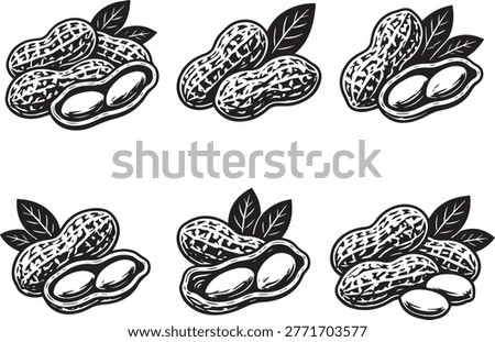 A collection of peanut silhouettes featuring whole peanuts, shelled peanuts, and cut variations in black vector style. This icon set represents healthy snacks, legumes, and organic food concepts.