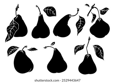 Collection of pear fruit silhouettes, stamps. Decorative silhouette of seasonal fruits. Vector graphics.