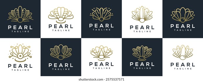 Collection of pearl shell logo design illustrations. Pearl shell logo template.