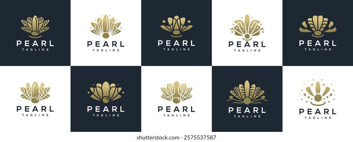 Collection of pearl shell logo design illustrations. Pearl shell logo template.