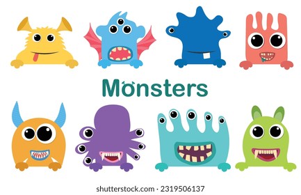 Collection of peeking out monsters characters. Set of Halloween monsters. Vector illustration.