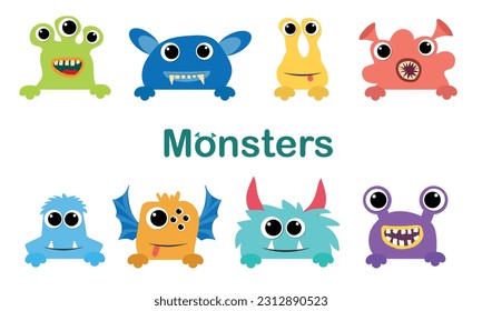 Collection of peep out monsters. Vector illustraiton.