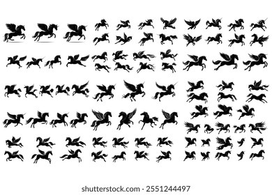 Collection of Pegasus and Unicorn Silhouettes—Winged and Mythical Horse Vector Illustrations