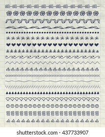 Collection of Pen Drawing Doodle Pattern Brushes, Tiles, Line Borders on Notebook Paper Texture. Decorative Sketched Rustic Vector Illustration