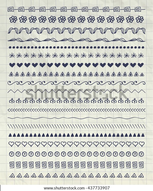 Collection of Pen Drawing Doodle Pattern\
Brushes, Tiles, Line Borders on Notebook Paper Texture. Decorative\
Sketched Rustic Vector\
Illustration