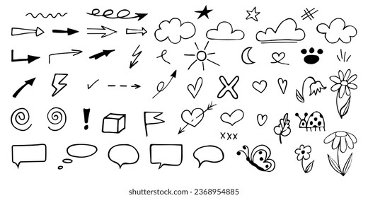 Collection of pen line doodle element. Hand drawn style set of heart, flower, speech bubble, ladybugб cloud, arrow. Vector design for decoration, sticker, idol poster, social media.