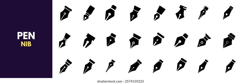 Collection of pen nib icons showcasing various fountain pen tips and writing points in solid black silhouettes. 