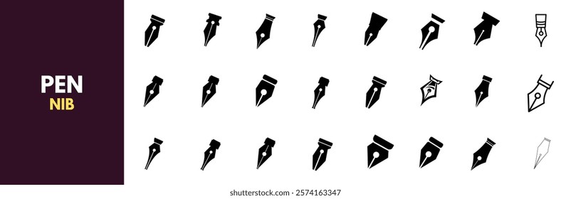 collection of pen nib icons showcasing various fountain pen tips and writing points in solid black silhouettes. 