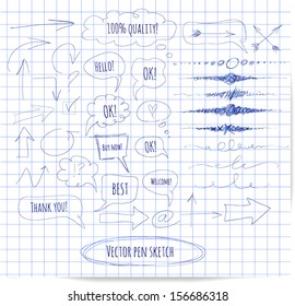 Collection of pen sketch objects. Arrows. speech and thought bubbles, dividers. Vector illustration.