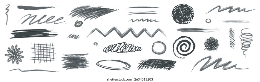 Collection of Pencil brush crayon marker chalk texture line stroke element set. Hand drawn crayon pencil brush stroke texture line charcoal shape. Chalk scratch hand drawn style background.