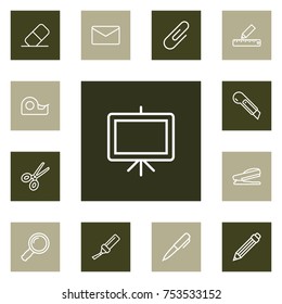 Collection Of Pencil, Drawing, Paper Clamp And Other Elements.  Set Of 13 Stationery Outline Icons Set. 