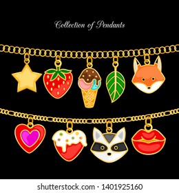 Collection of pendants. animal face and food. Colored pendant ice cream and strawberry. Vector illustration