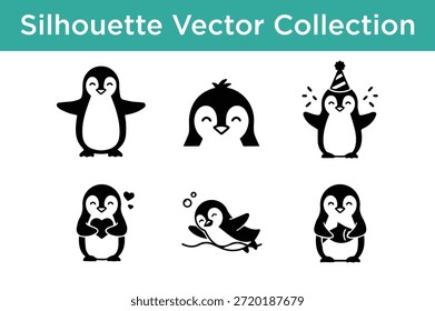 Colección de siluetas de pingüinos aislados sobre fondo blanco