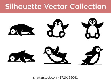Colección de siluetas de pingüinos aislados sobre fondo blanco