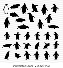 Uma coleção de silhuetas de pinguins em várias poses, em pé, nadando e andando.