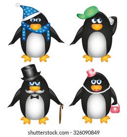 Collection of penguins on white background