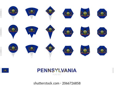 Collection of the Pennsylvania flag in different shapes and with three different effects. Vector flag set.