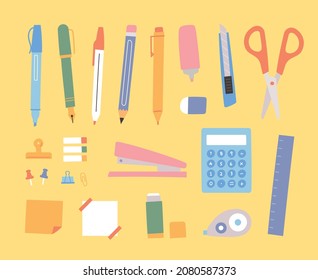 Collection of pens and other office supplies. Cute design in pastel colors. flat design style vector illustration.