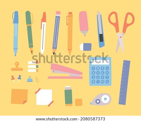 Collection of pens and other office supplies. Cute design in pastel colors. flat design style vector illustration.