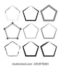 Collection of pentagon frames. Geometric borders variety. Abstract shapes set. Decorative elements design. Vector illustration. EPS 10.