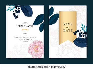 Collection of Peony flower , leaf and frames for packaging and design of luxury wedding card.Made with golden on dark background. vector illustration